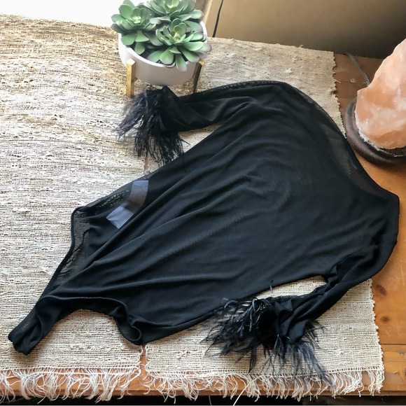 Zara Sheer Boa Bodysuit in Black Size Medium - Picture 3 of 4